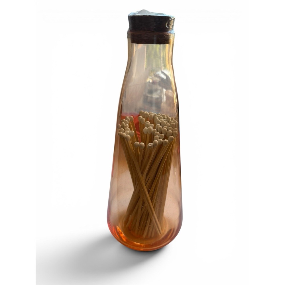 Long Fireplace Matches with Cork Top Orange Glass Holder w/Striker Reusable